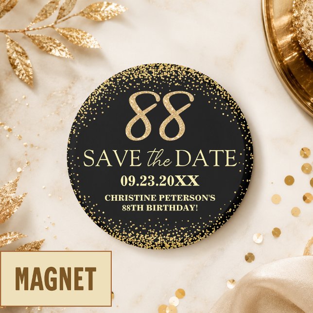 Svart Guld Glitter 88-årsdag Spara Datum Magnet (Skapare uppladdad)