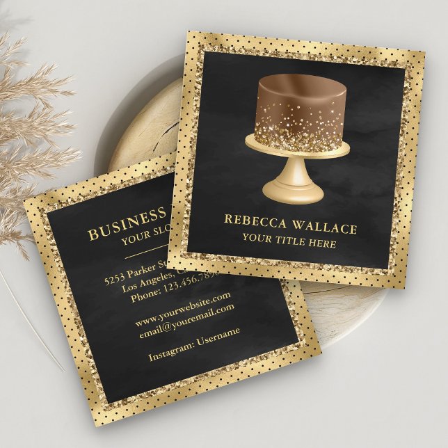 Svart Guld Glitter Anpassad Chokladtårta Bageri Fyrkantigt Visitkort (Skapare uppladdad)