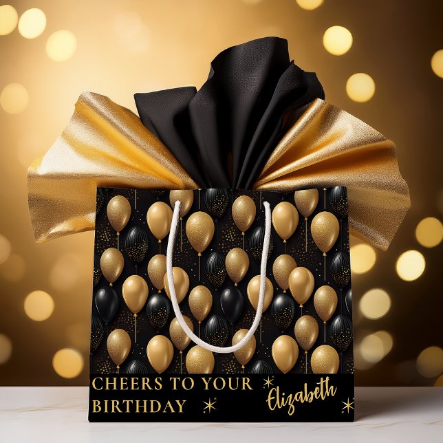Svart Guld Glitter-ballonger, födelsedagsschyrer (Elegant Black and Gold Faux Glitter Balloons Pattern A024 "Happy Birthday" [Name] Large Gift Bag)