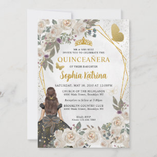 Svart Guld Glitter Blommig Prinsessa Quinceañera Inbjudningar