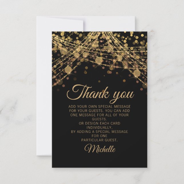 Svart Guld Glitter Bokeh Födelsedagsfest Tack Kort (Framsida)