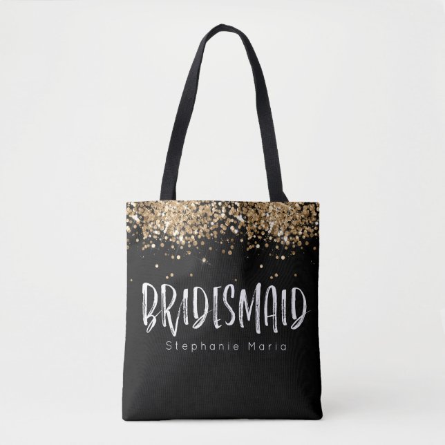 Svart guld glitter bridesmaid-presentens eget namn tygkasse (Framsida)