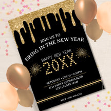 Svart & Guld Glitter Drip Nyårsafton Party 2024