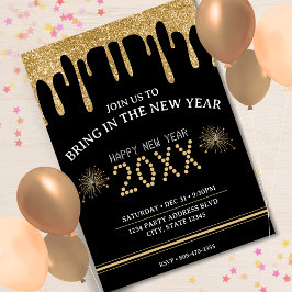 Svart & Guld Glitter Drip Nyårsafton Party 2024 Inbjudningar