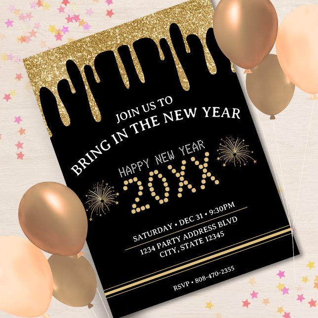 Svart & Guld Glitter Drip Nyårsafton Party 2024 Inbjudningar (Black & Gold Glitter Drip New Years Eve Party 2024 Invitation)