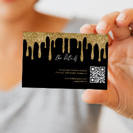 Svart & Guld Glitter Drip QR-kod Bröllopsdetaljer Tilläggskort