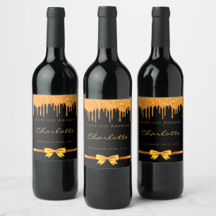 Svart guld glitter drop monogram namn vinflaska etikett