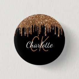 Svart guld glitter droppar anpassad monogram namn knapp