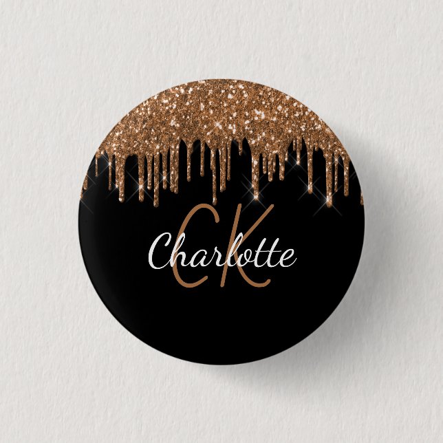 Svart guld glitter droppar anpassad monogram namn knapp (Framsida)