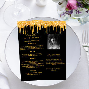 Svart guld glitter droppar fotot Bio Menu-kort Inbjudningar