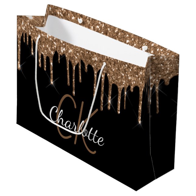 Svart guld glitter droppar monogram namn skrift (Framsidan Vinklad)
