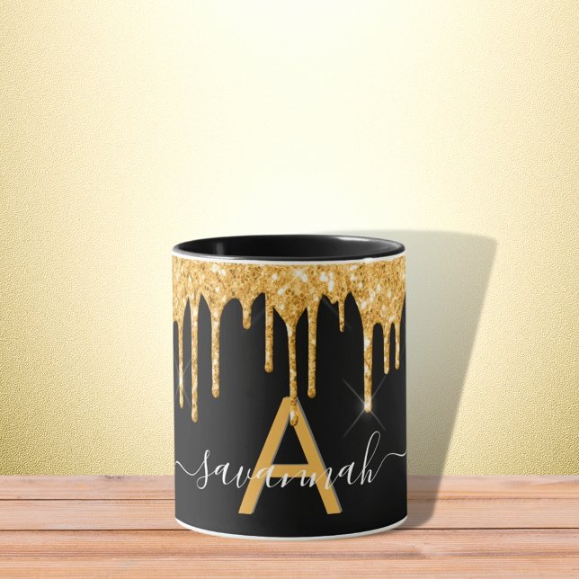 Svart guld glitter droppar monogram namn-skript mugg (Skapare uppladdad)