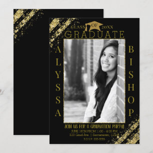 Svart Guld Glitter Foto Examen Utbildning Party Inbjudningar