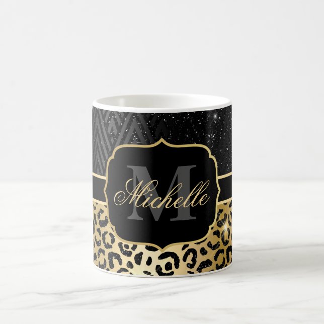 Svart & Guld Glitter Glam Leopardfläckar & Art Dec Kaffemugg (Center)