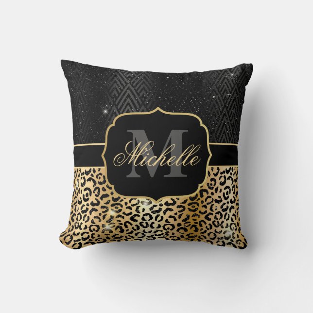Svart & Guld Glitter Glam Leopardspräck & Art Deco Kudde (Framsida)