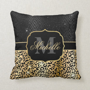 Svart & Guld Glitter Glam Leopardspräck & Art Deco Kudde