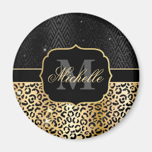 Svart & Guld Glitter Glam Leopardspräck & Art Deco Magnet