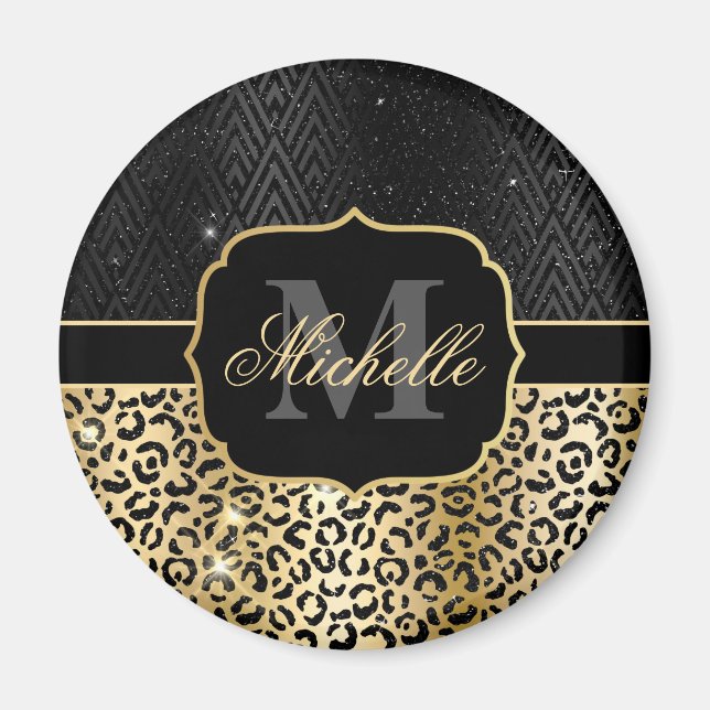 Svart & Guld Glitter Glam Leopardspräck & Art Deco Magnet (Framsidan)