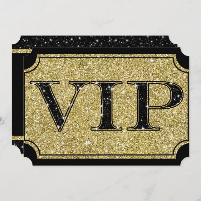 Svart & Guld Glitter Glam VIP-festbiljett Inbjudningar (Fram/baksida)