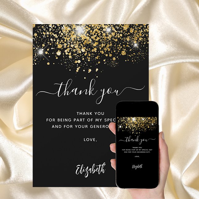 Svart guld glitter gnistrar script tackkort inbjudningar (Skapare uppladdad)