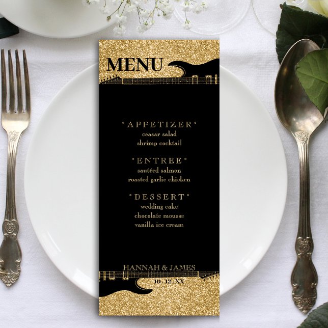 Svart & Guld Glitter Guitar Wedlings mottagning Meny (Black & Gold Glitter Guitar Wedding Reception Menu)