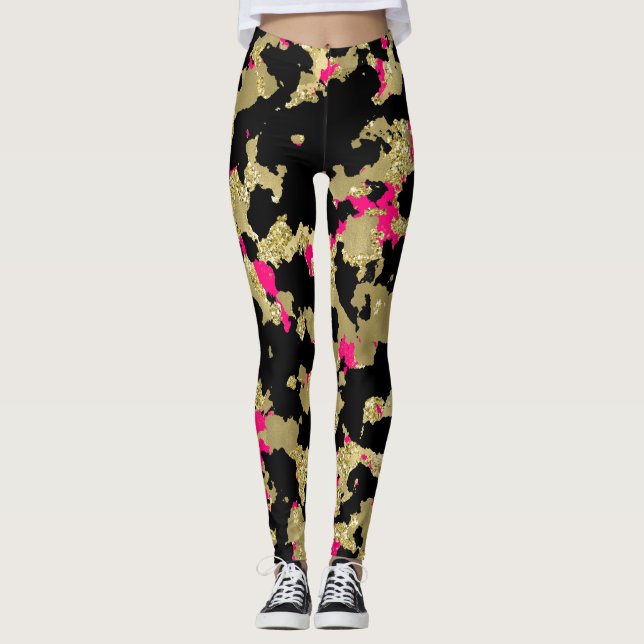 Svart Guld Glitter Het Rosa Abstrakt Flagnande Gla Leggings (Framsida)