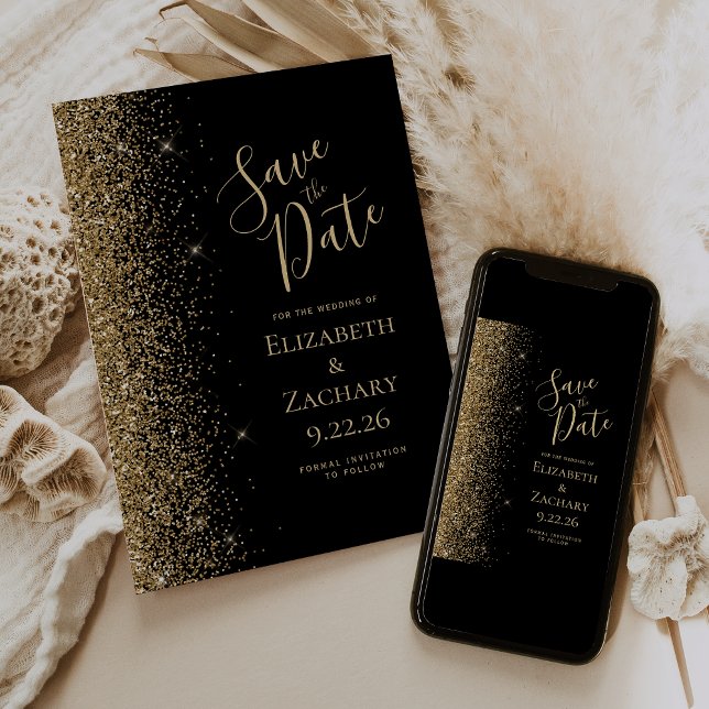 Svart Guld Glitter Kant Spara Datum Meddelande (Skapare uppladdad)