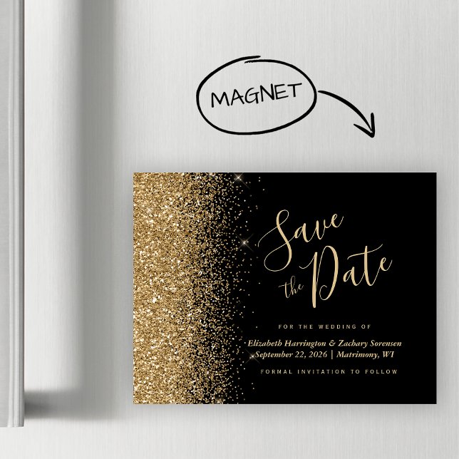 Svart Guld Glitter Magnetisk Bröllop Spara Datum (Skapare uppladdad)
