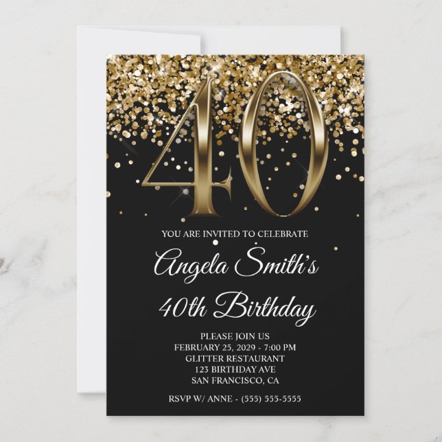 Svart Guld Glitter Metallisk Look 40-årsdag Inbjudningar (Framsida)