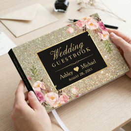 Svart Guld Glitter-miniatyrdiagram Blommigt Bröllo Gästböcker