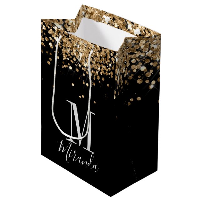 Svart guld glitter monogram, eget namn (Framsidan Vinklad)