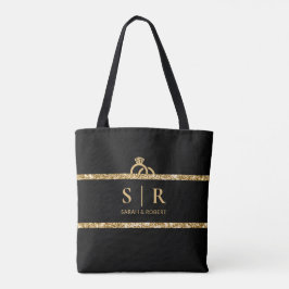 Svart & guld glitter monogram initial bröllop tygkasse