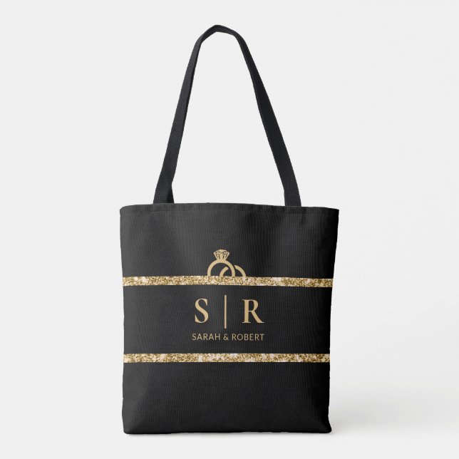 Svart & Guld Glitter Monogram Initial Bröllop Tygkasse (Baksida)