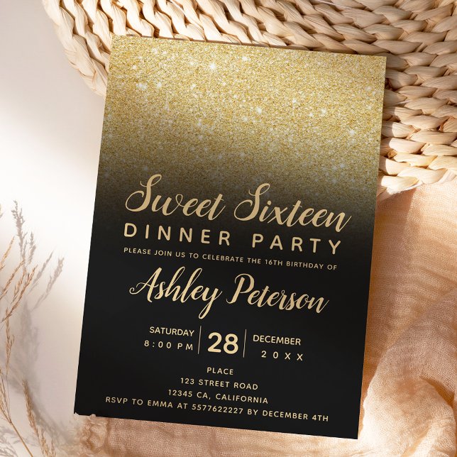 Svart guld glitter ombre typografi Söt 16 Inbjudningar (Skapare uppladdad)