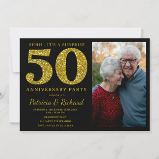 Svart Guld Glitter Överraskning 50-årsjubileums Fo Inbjudningar