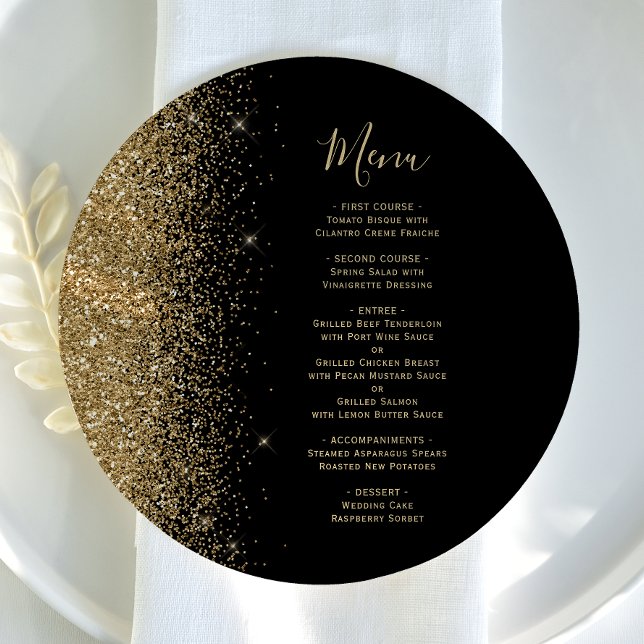 Svart Guld Glitter Rund Bröllopsmeny Meny (Skapare uppladdad)