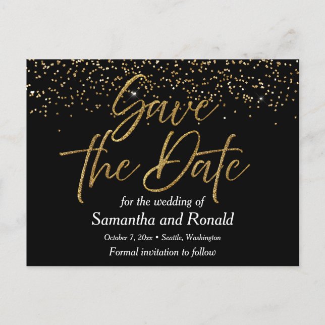 Svart & Guld Glitter Save The Date Bröllop Meddelande Vykort (Framsida)