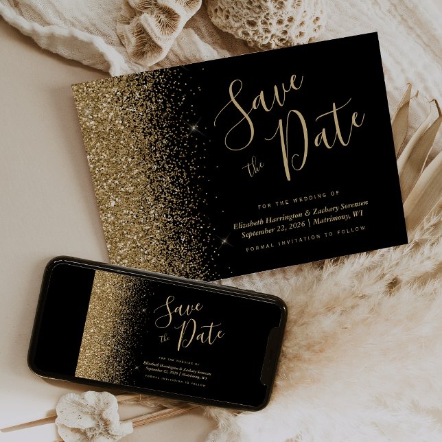 Svart Guld Glitter Skript Spara Datumet Inbjudningar (Skapare uppladdad)