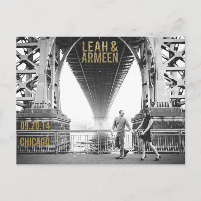 Svart & Guld Glitter Spara datum-typografi Meddelande Vykort (Framsida)