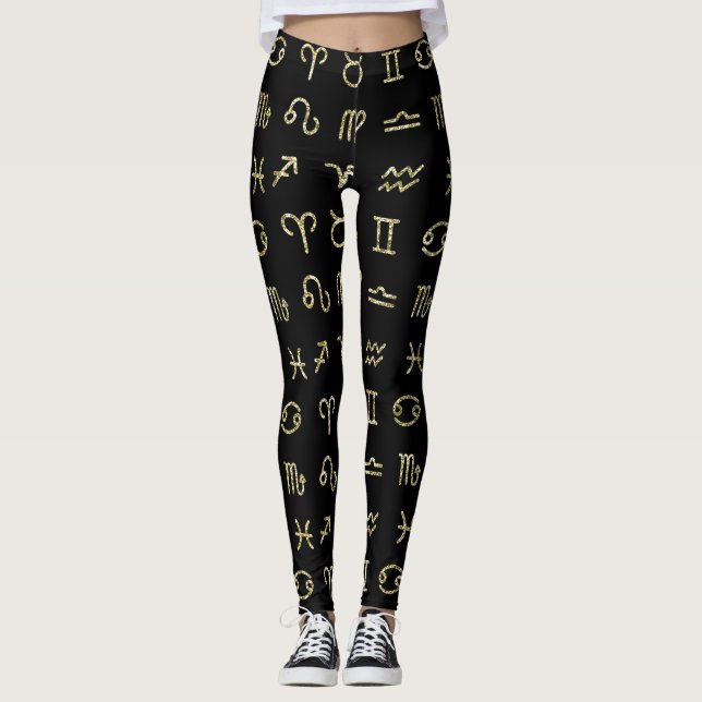 Svart & Guld Glitter Stjärntecken Astrologi Tecken Leggings (Framsida)