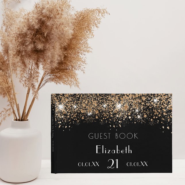 Svart guld glitter-stoftmonogram namn gästböcker (Skapare uppladdad)