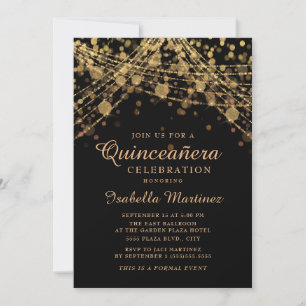 Svart Guld Glitter Strängljus Quinceañera Inbjudningar
