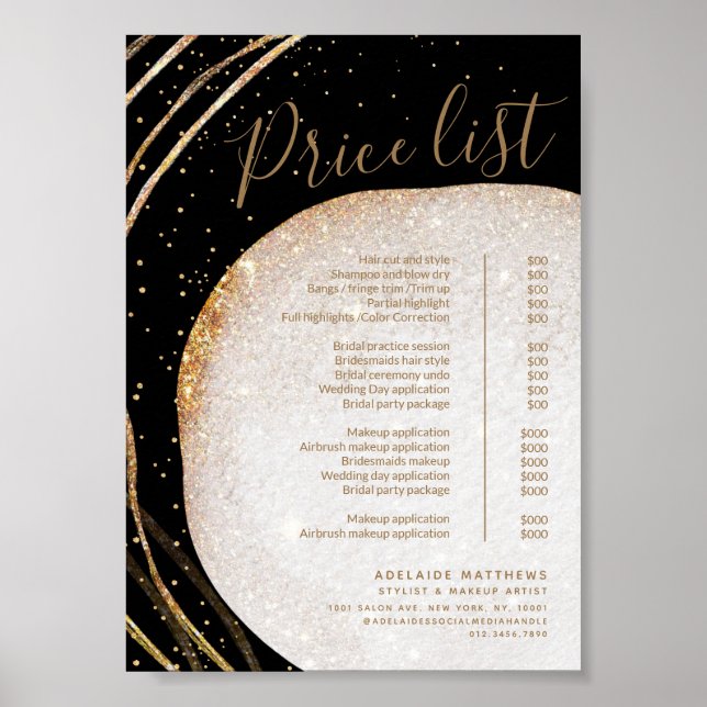 Svart Guld Glitter Stylist Salon Pris List-meny Poster (Framsidan)