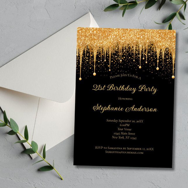Svart Guld-Glitter-Trendiget, 21:a födelsedagen Inbjudningar (Black Gold Dripping Glitter 21st Birthday Invitation for her. Printed or Digital Download)