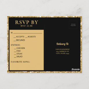 Svart & guld glittermonogram initial bröllops RSVP Vykort