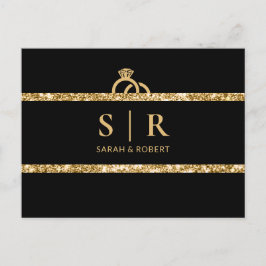 Svart & guld glittermonogram initial bröllops RSVP Vykort