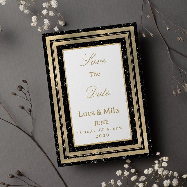 Svart guld glittrande konfetti Save the Date Inbjudningar (Black gold sparkly glitter confetti Save the Date)
