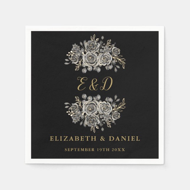 Svart Guld Goth Floral Monogram Bröllop Pappersservett (Framsidan)