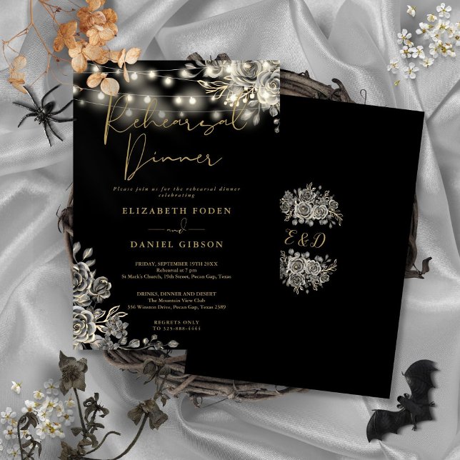 Svart Guld Gotisk Blommig Övningsmiddag Inbjudningar (Gothic Black Gold Floral Lights Rehearsal Dinner Invitation)