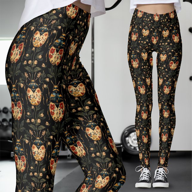 Svart Guld Gotisk Blommig Skalbagge Leggings (Skapare uppladdad)